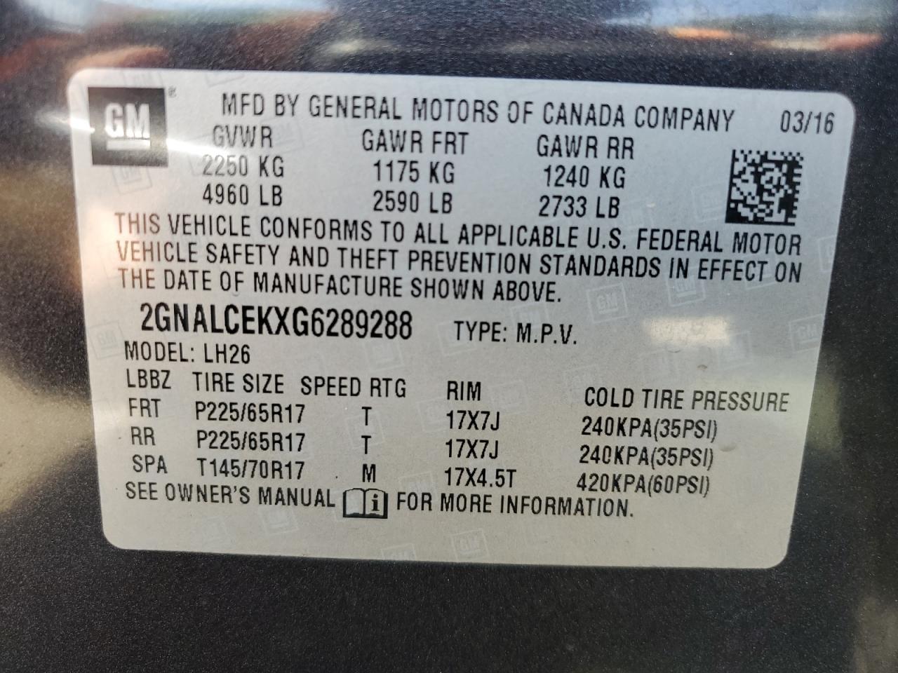 2016 Chevrolet Equinox Lt VIN: 2GNALCEKXG6289288 Lot: 60154544