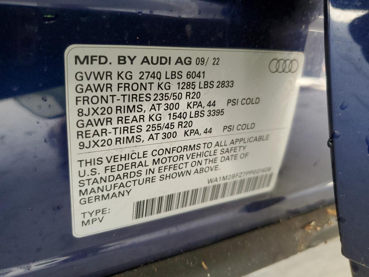 2023 Audi Q4 E-Tron Prestige VIN: WA1M2BFZ7PP001638 Lot: 60042554