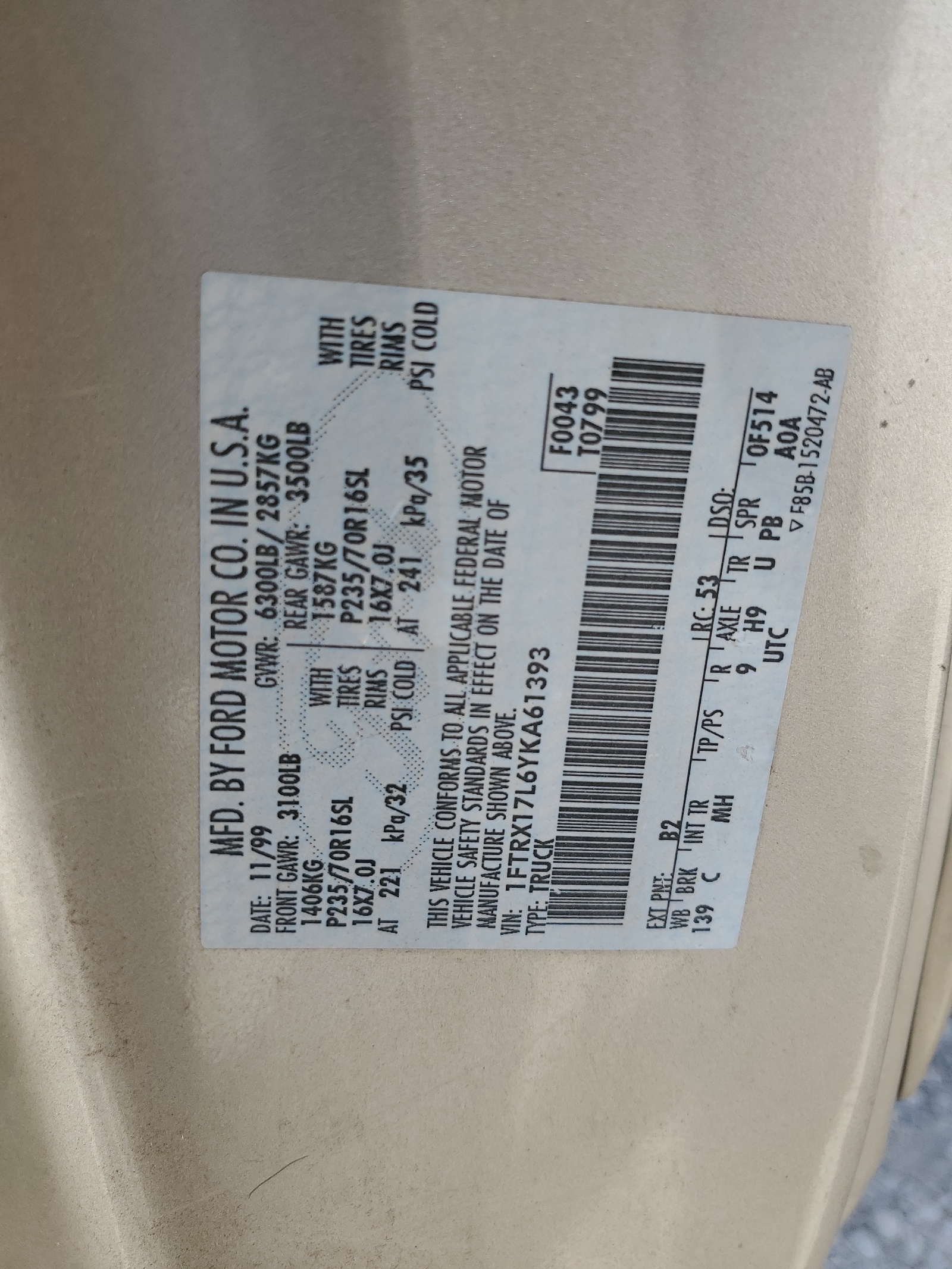 1FTRX17L6YKA61393 2000 Ford F150