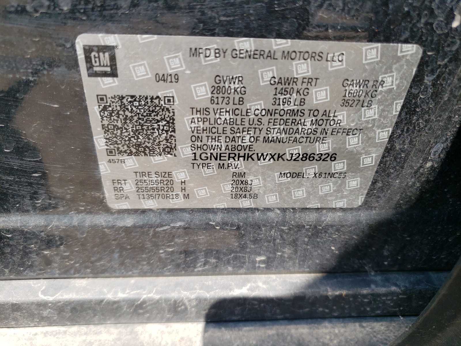 1GNERHKWXKJ286326 2019 Chevrolet Traverse Lt