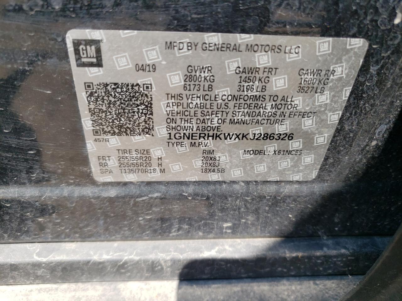 2019 Chevrolet Traverse Lt VIN: 1GNERHKWXKJ286326 Lot: 58299294