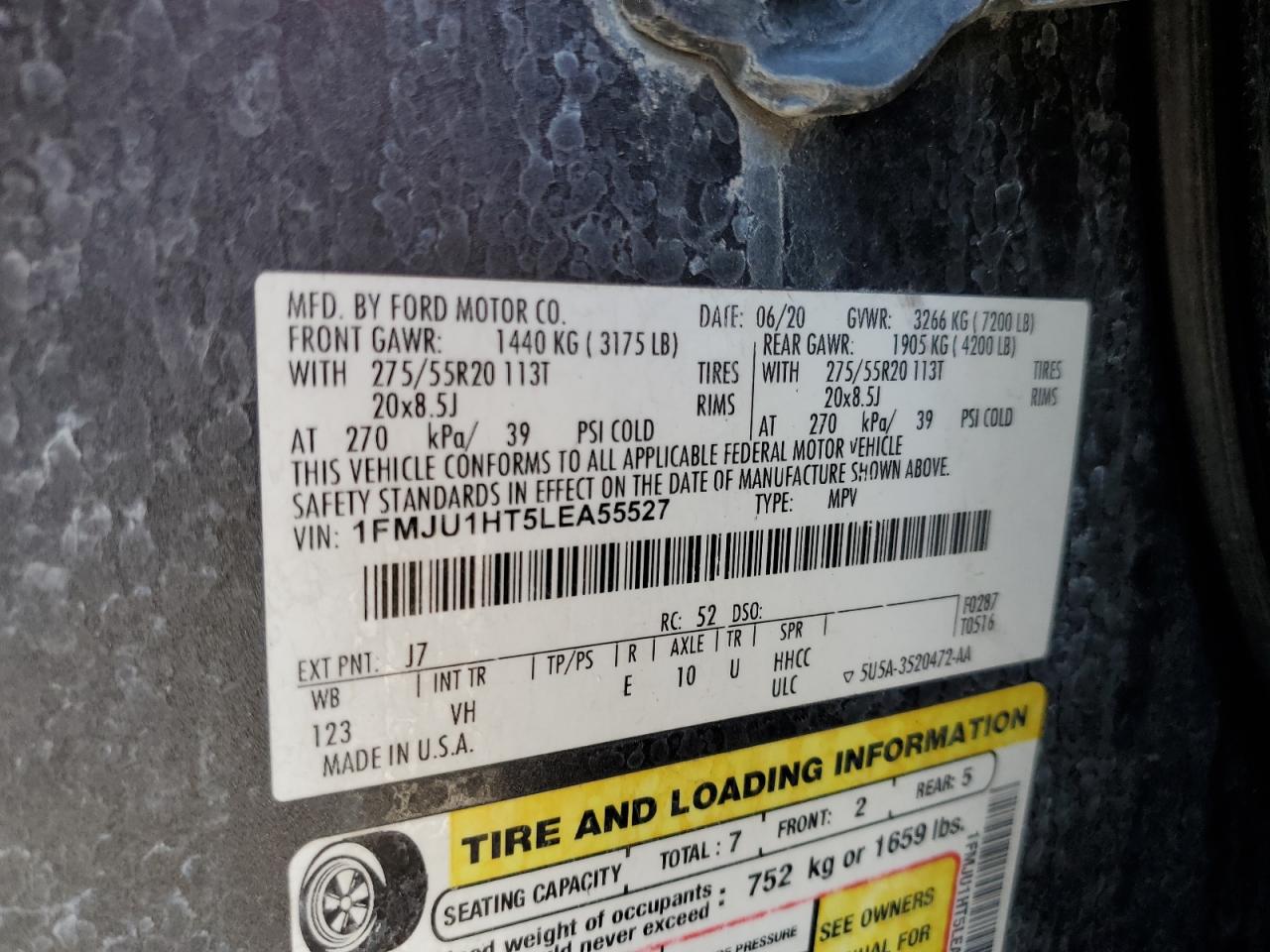 2020 Ford Expedition Xlt VIN: 1FMJU1HT5LEA55527 Lot: 60275274