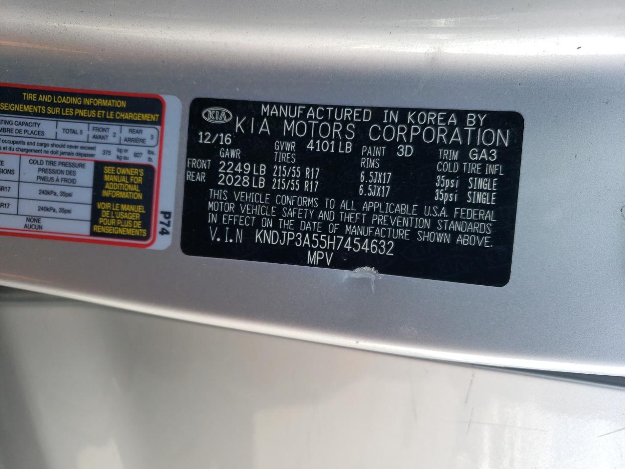 2017 Kia Soul + VIN: KNDJP3A55H7454632 Lot: 57229434