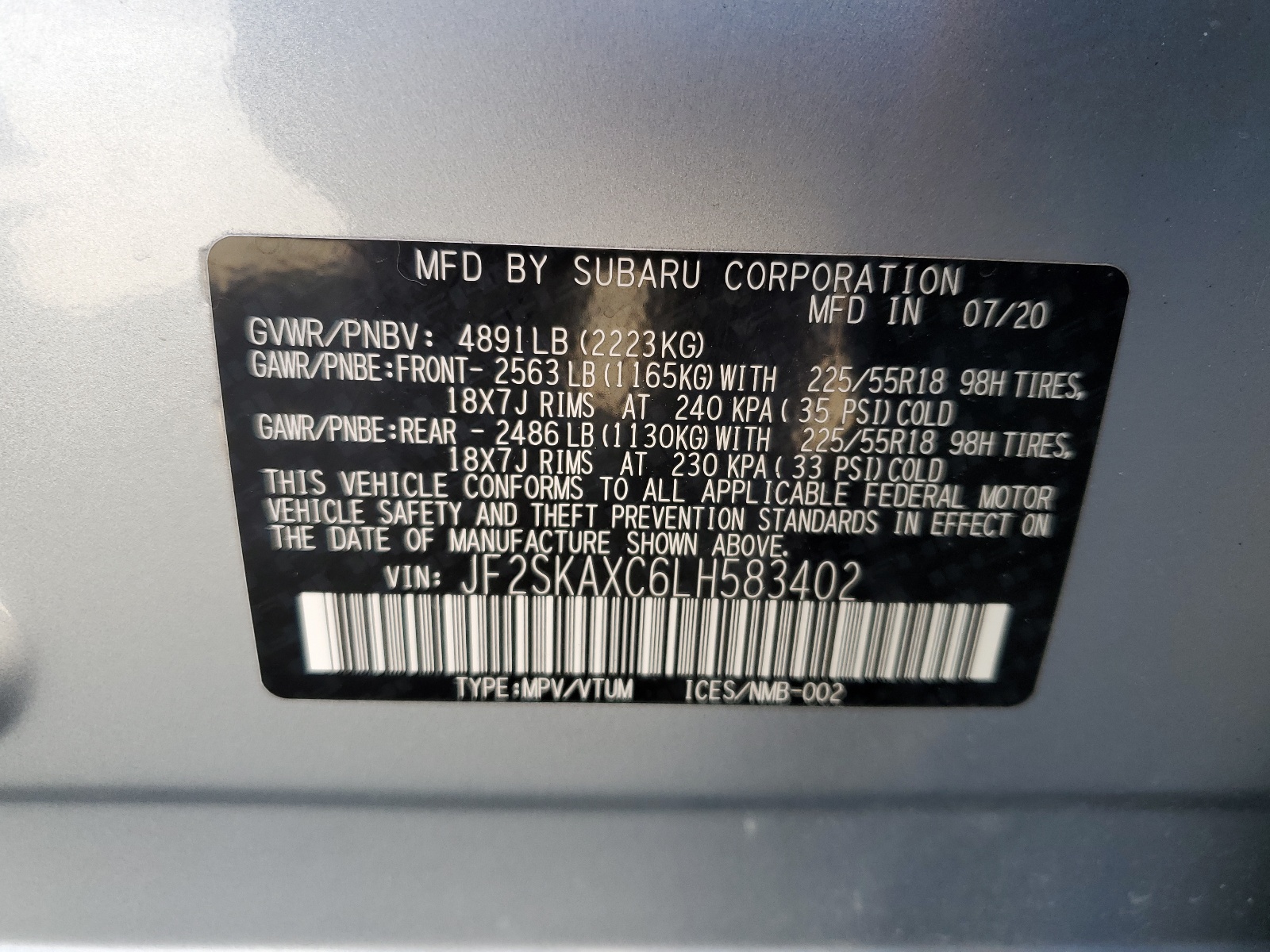 JF2SKAXC6LH583402 2020 Subaru Forester Touring