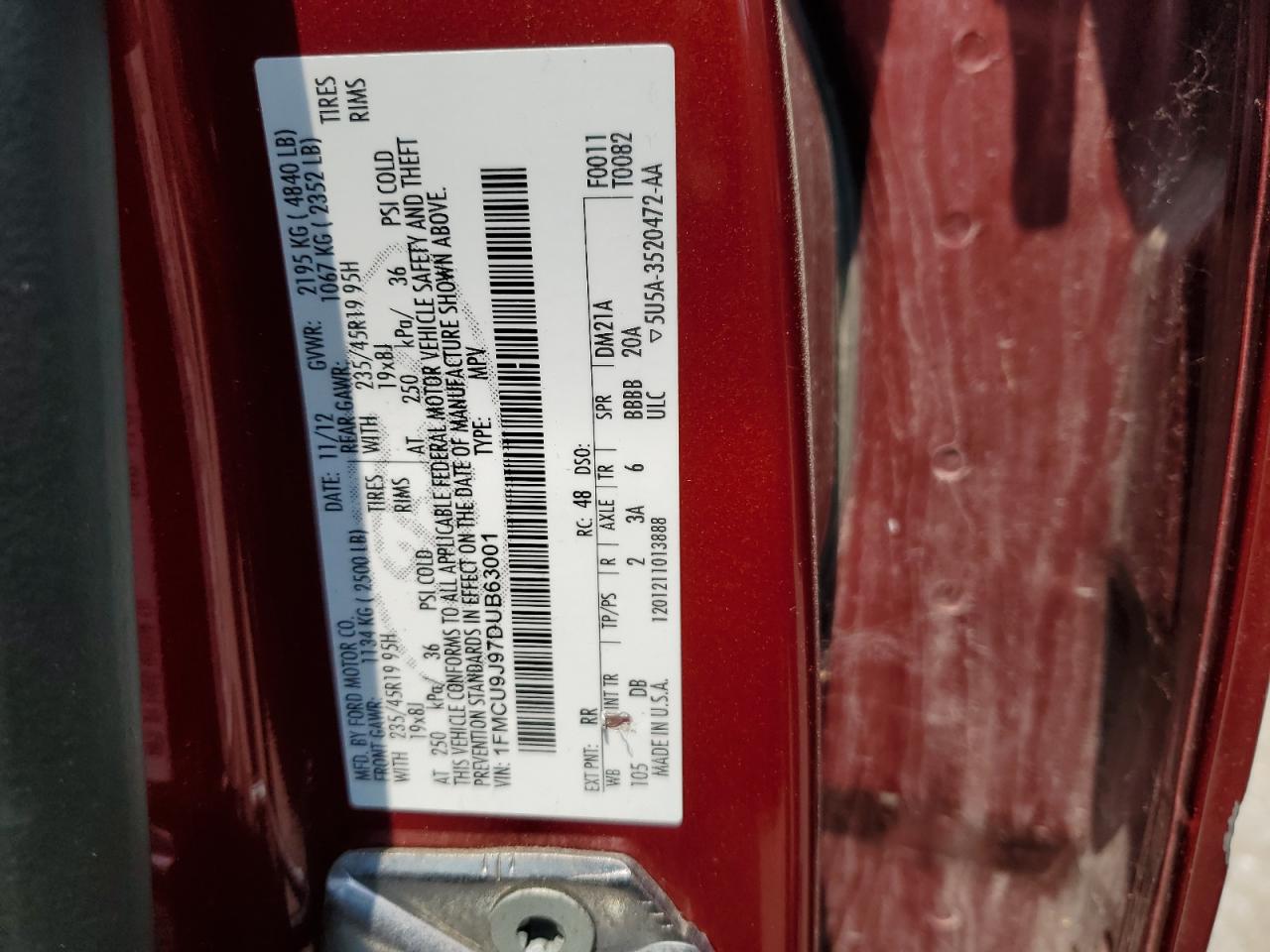 2013 Ford Escape Titanium VIN: 1FMCU9J97DUB63001 Lot: 57900314