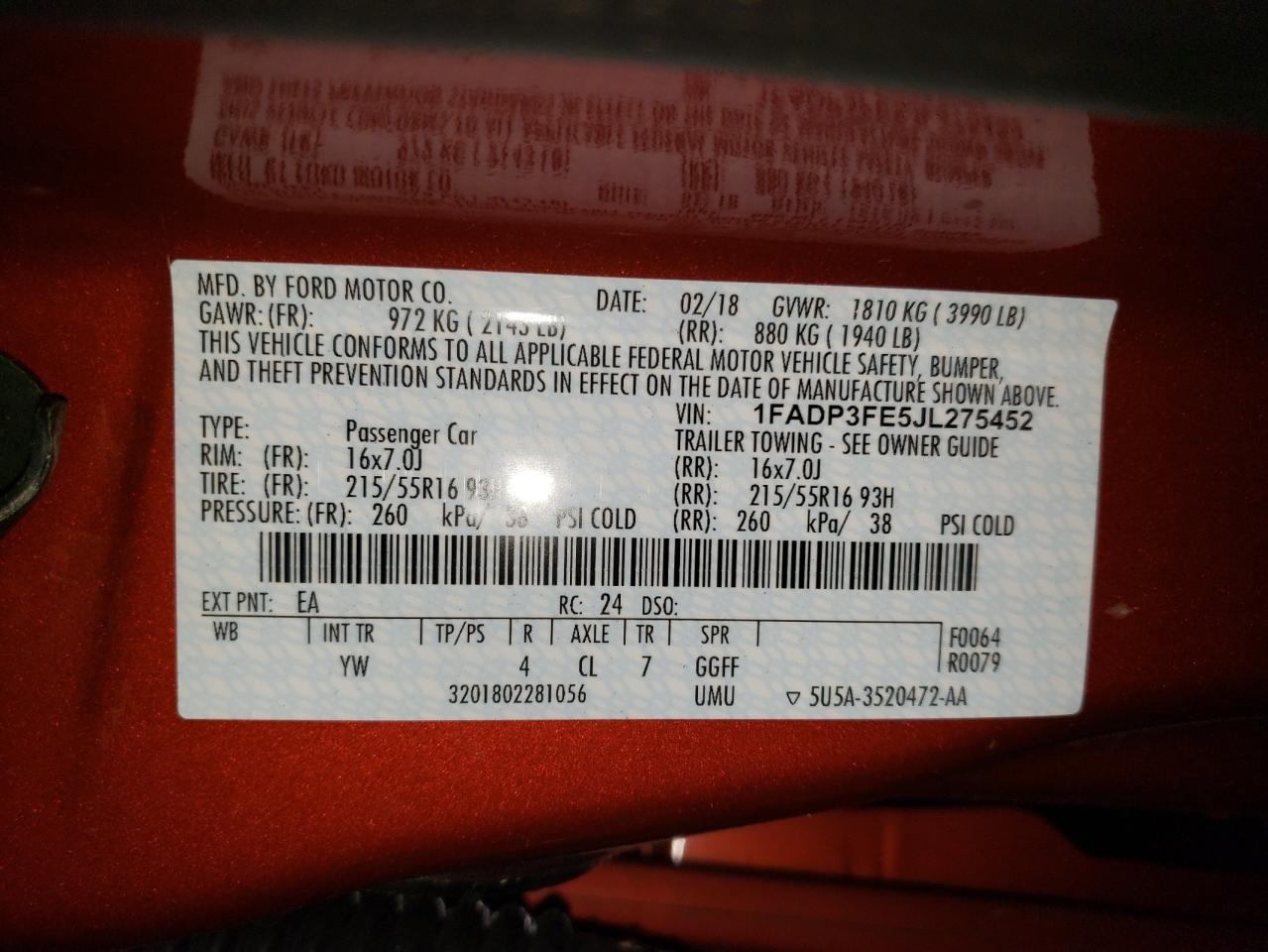 2018 Ford Focus Se VIN: 1FADP3FE5JL275452 Lot: 59350744