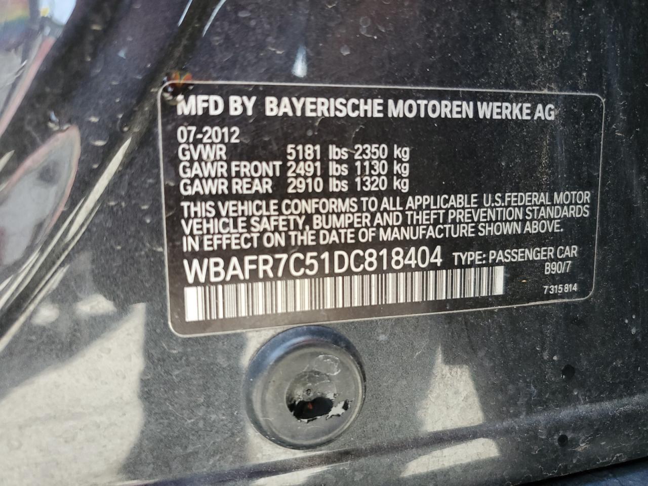 2013 BMW 535 I VIN: WBAFR7C51DC818404 Lot: 60915104