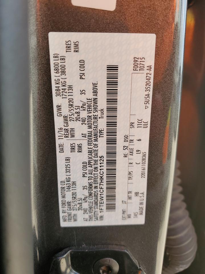 2017 Ford F150 Supercrew VIN: 1FTEW1CF7HKC11125 Lot: 60449914