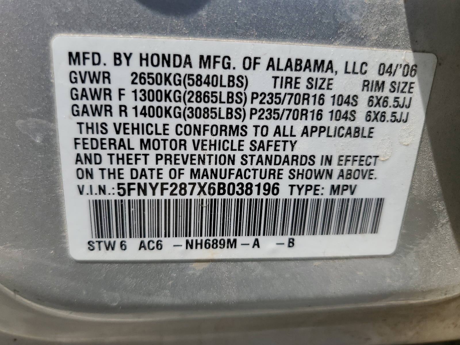 5FNYF287X6B038196 2006 Honda Pilot Ex