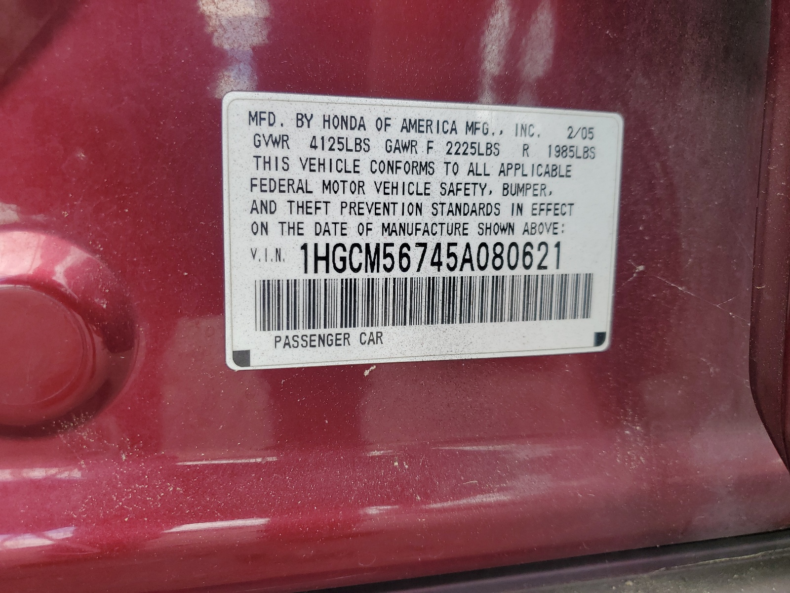 1HGCM56745A080621 2005 Honda Accord Ex