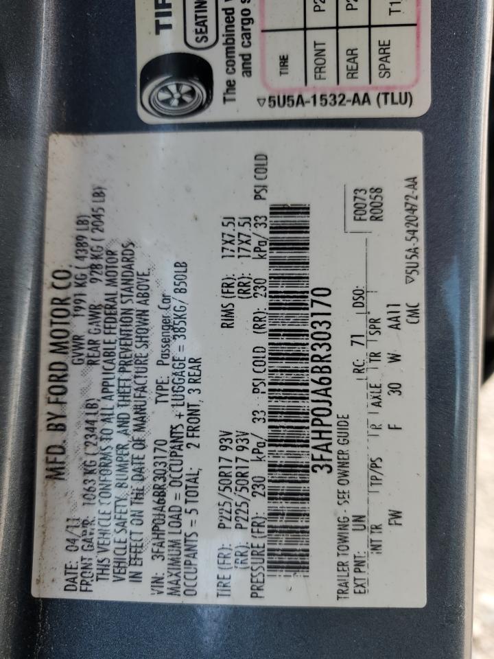 2011 Ford Fusion Sel VIN: 3FAHP0JA6BR303170 Lot: 58924994