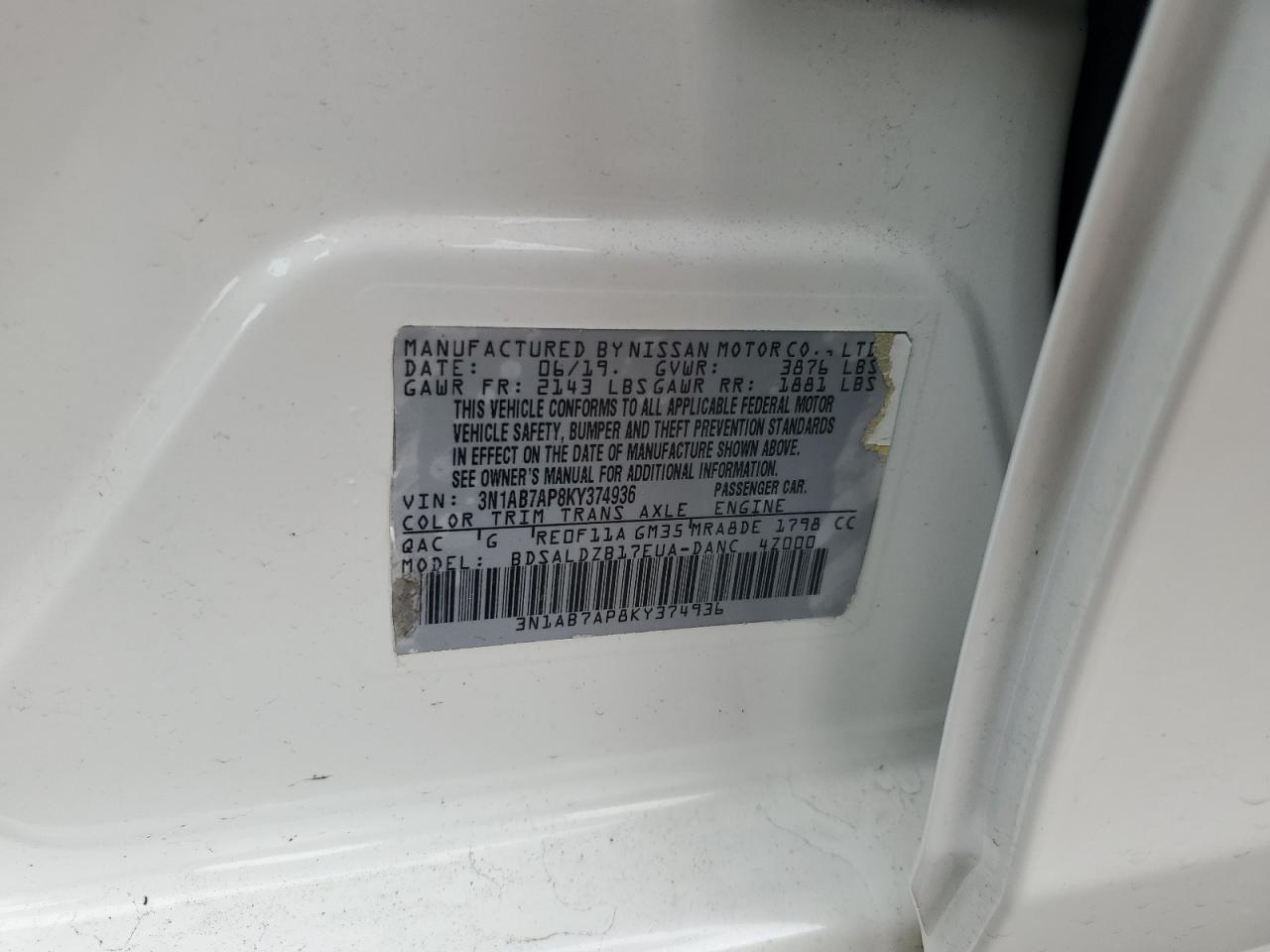 2019 Nissan Sentra S VIN: 3N1AB7AP8KY374936 Lot: 60686194