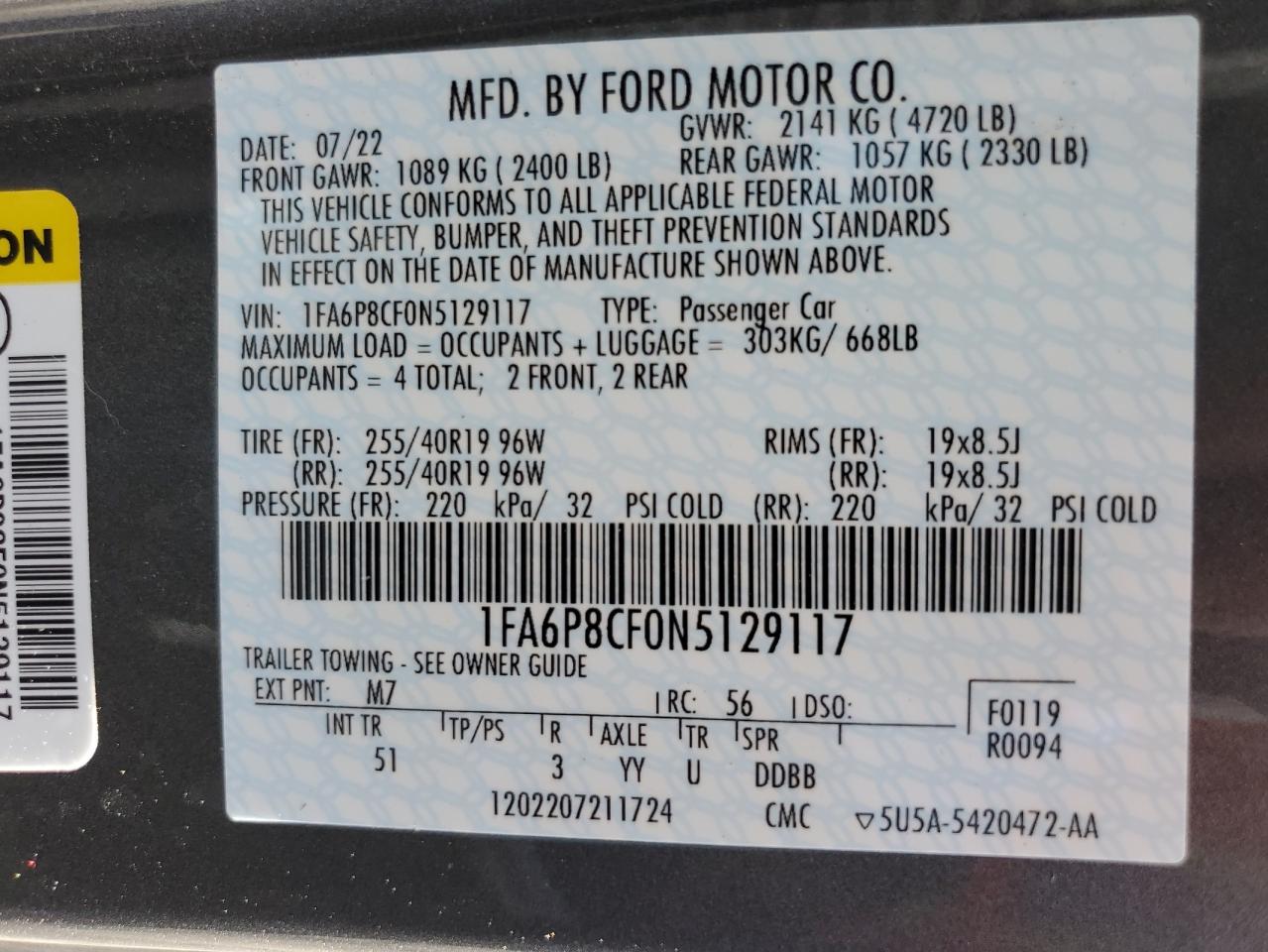 2022 Ford Mustang Gt VIN: 1FA6P8CF0N5129117 Lot: 60717994