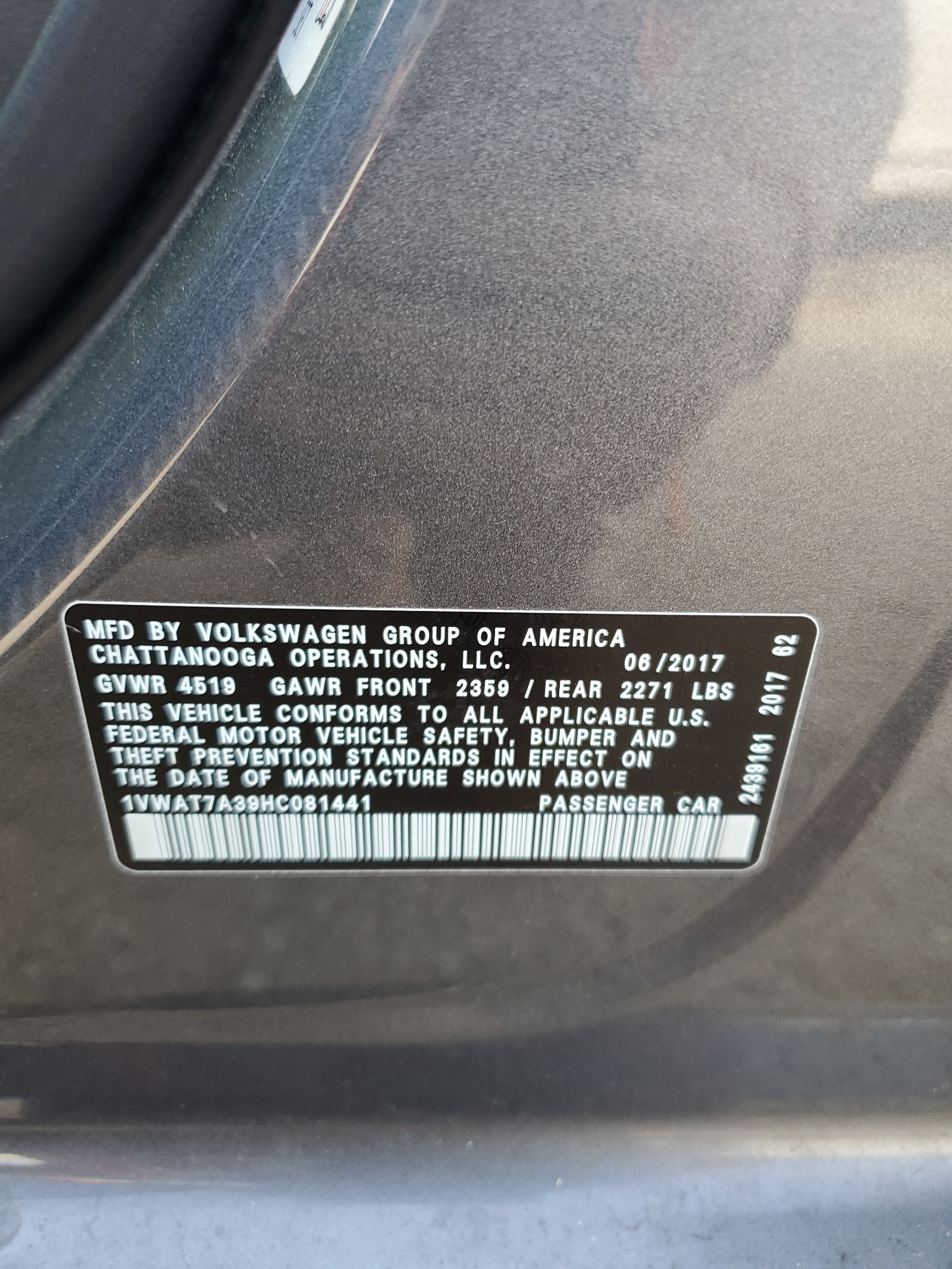 1VWAT7A39HC081441 2017 Volkswagen Passat S