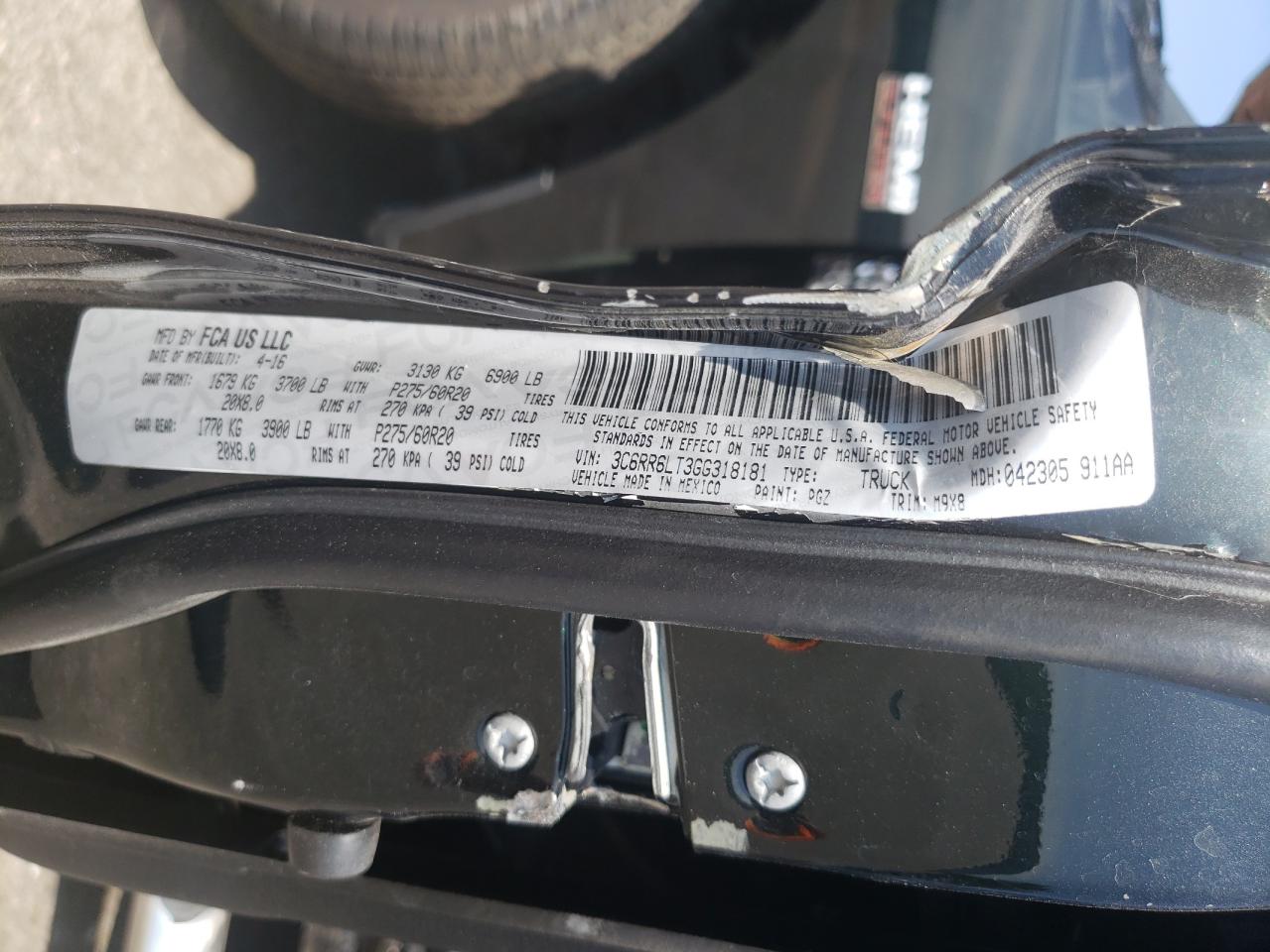 2016 Ram 1500 Slt VIN: 3C6RR6LT3GG318181 Lot: 61018474