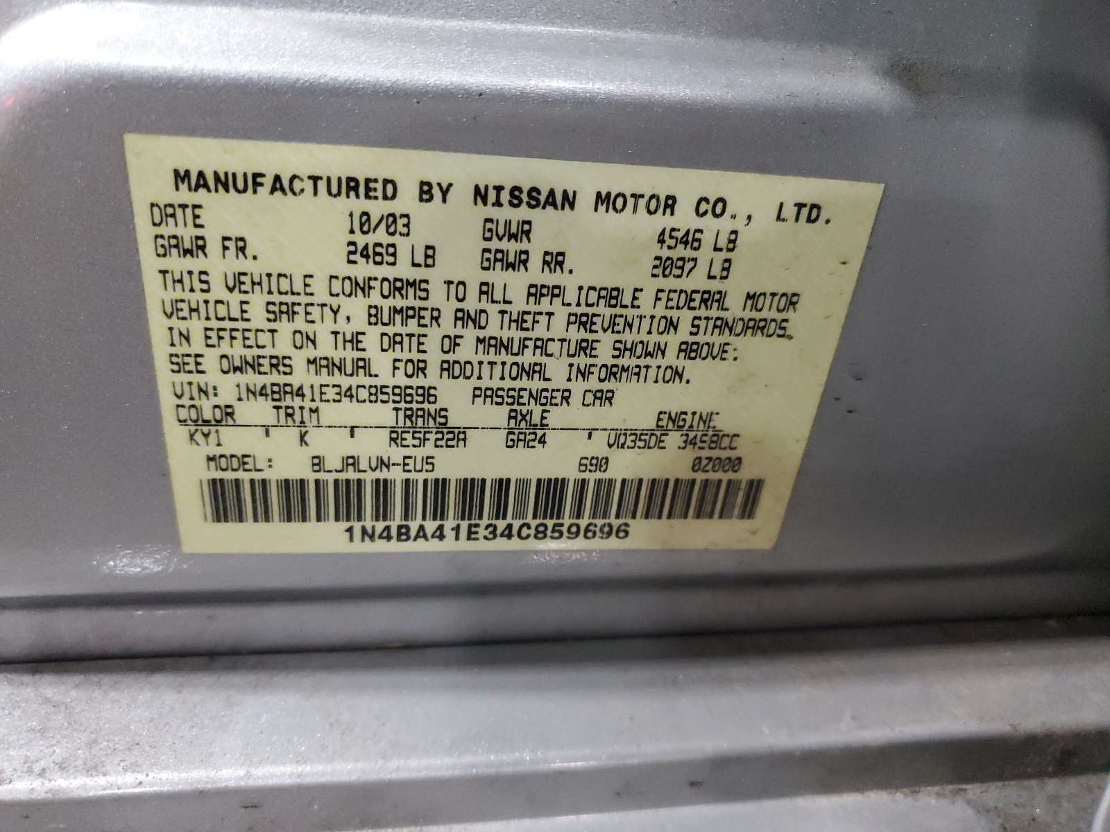 1N4BA41E34C859696 2004 Nissan Maxima Se