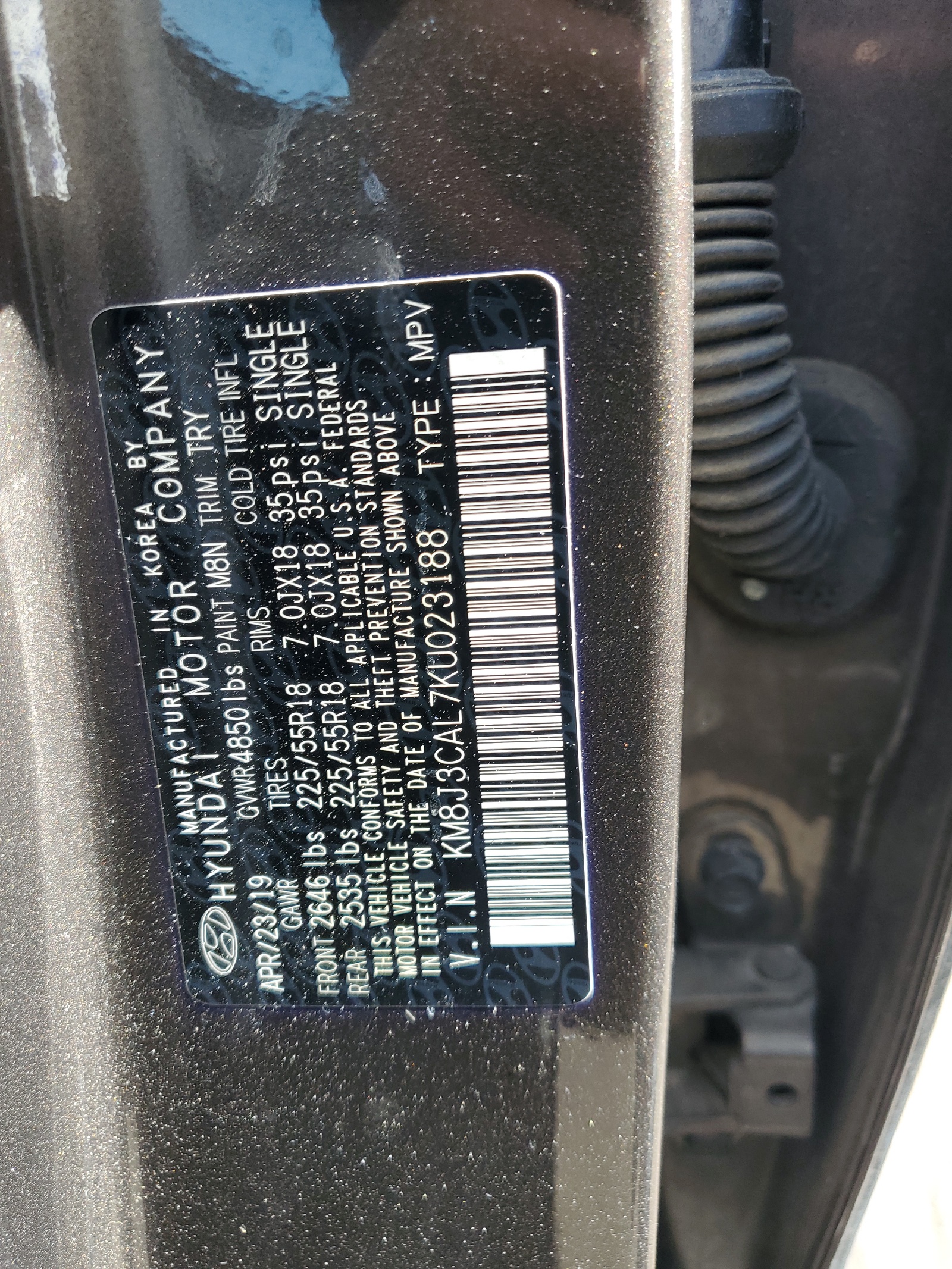 KM8J3CAL7KU023188 2019 Hyundai Tucson Limited