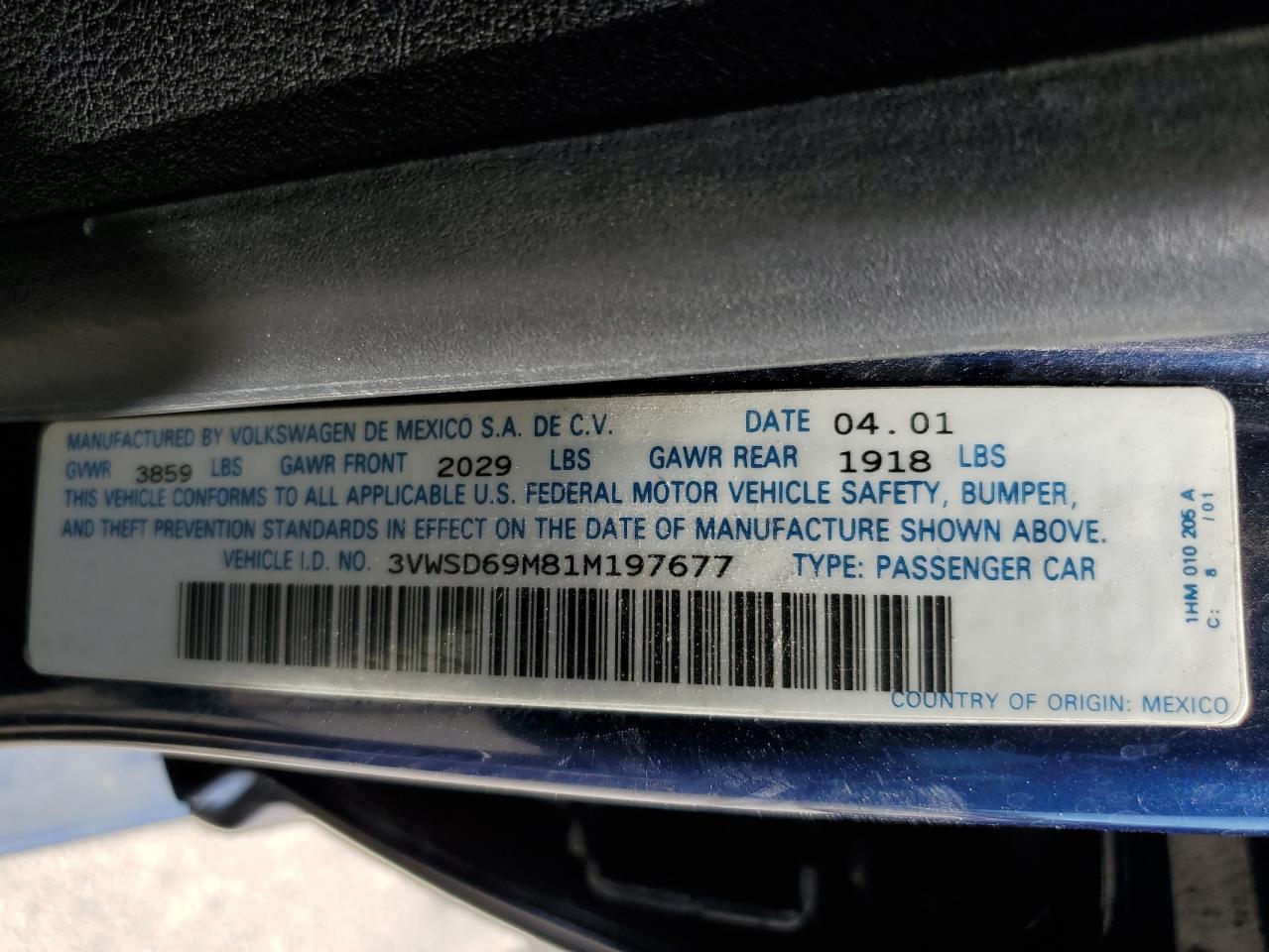 2001 Volkswagen Jetta Gls VIN: 3VWSD69M81M197677 Lot: 61151944