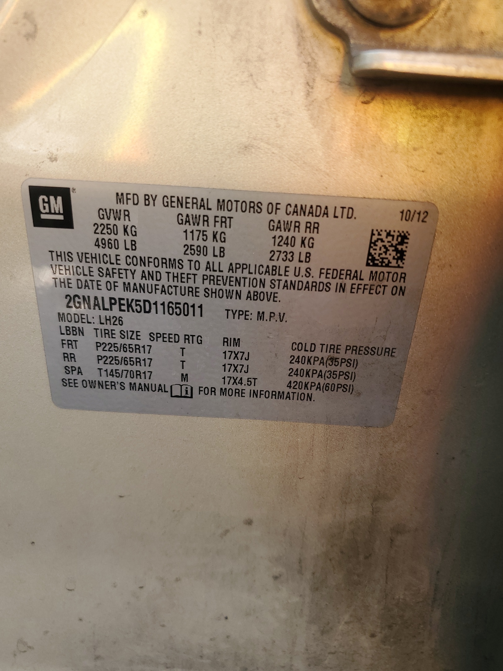 2GNALPEK5D1165011 2013 Chevrolet Equinox Lt