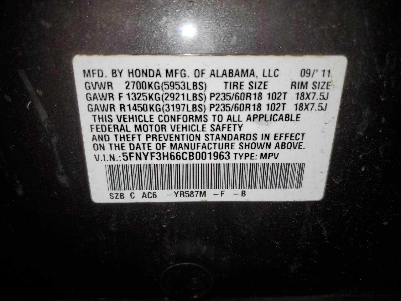 2012 Honda Pilot Exl VIN: 5FNYF3H66CB001963 Lot: 60542814