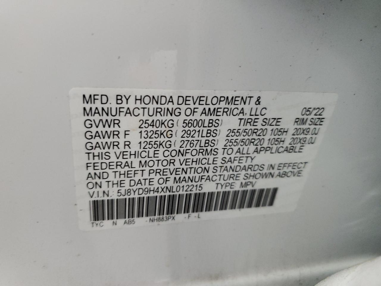 2022 Acura Mdx Technology VIN: 5J8YD9H4XNL012215 Lot: 59164214