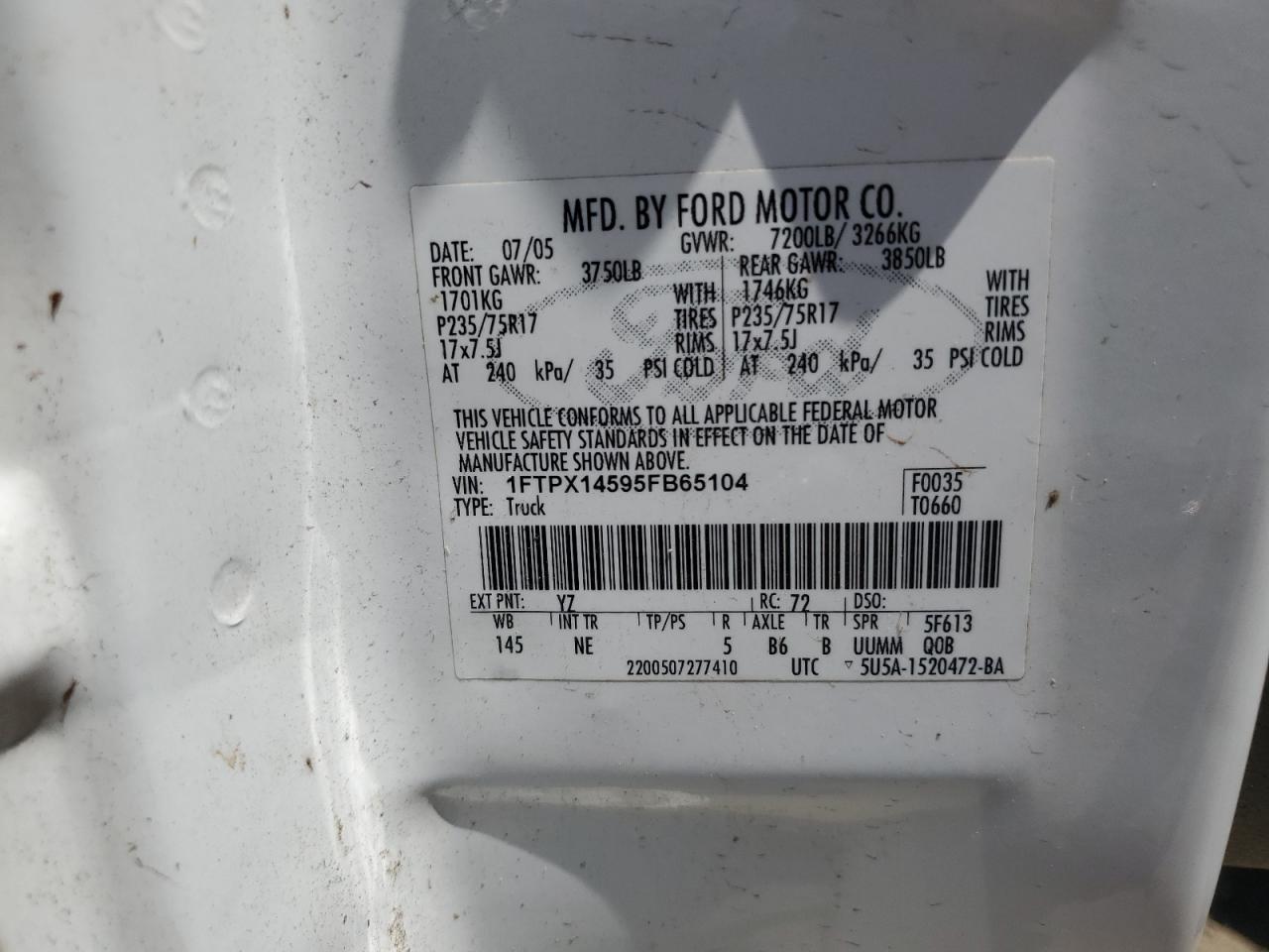 2005 Ford F150 VIN: 1FTPX14595FB65104 Lot: 61056964