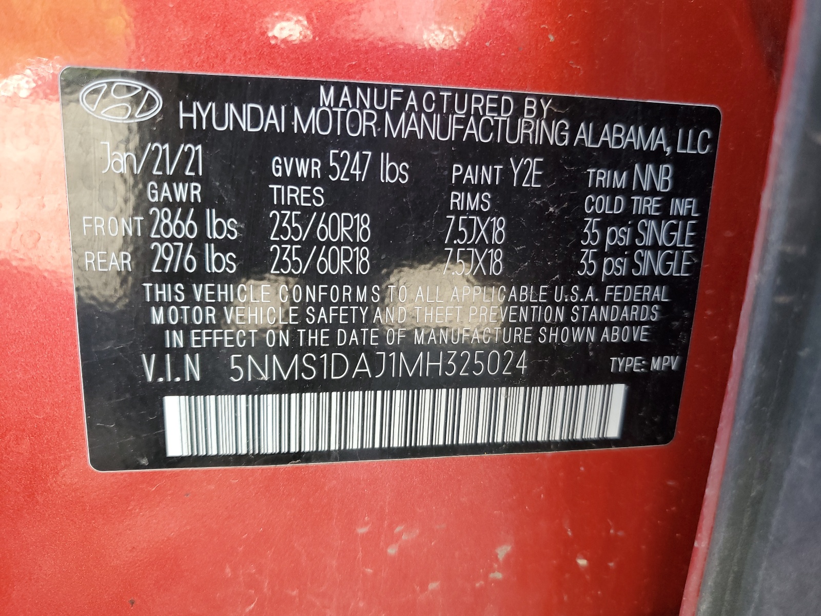 5NMS1DAJ1MH325024 2021 Hyundai Santa Fe Se