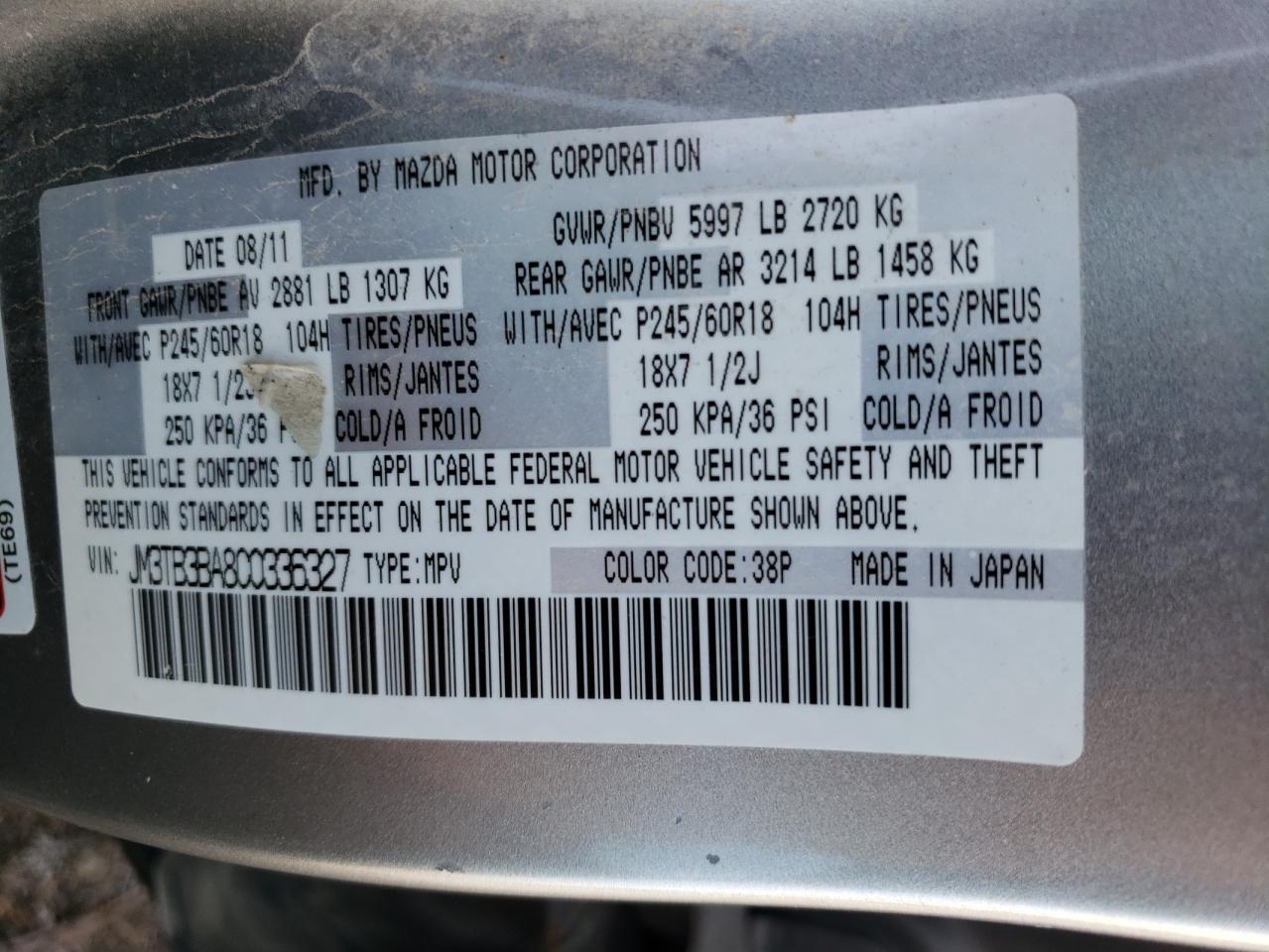 JM3TB3BA8C0336327 2012 Mazda Cx-9