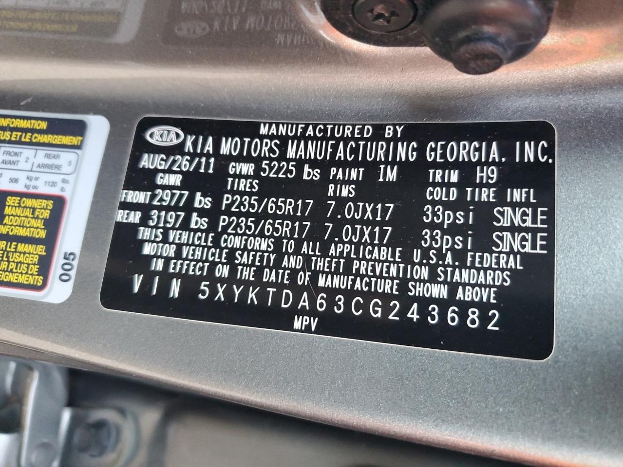 2012 Kia Sorento Base VIN: 5XYKTDA63CG243682 Lot: 58149124