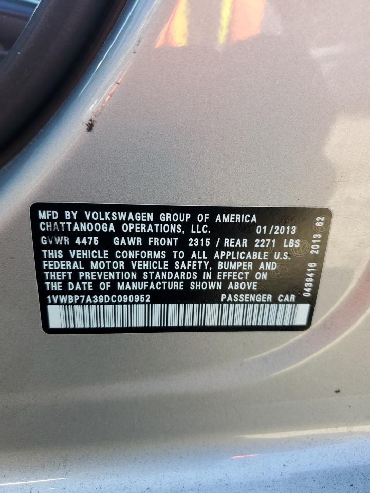 2013 Volkswagen Passat Se VIN: 1VWBP7A39DC090952 Lot: 58858004