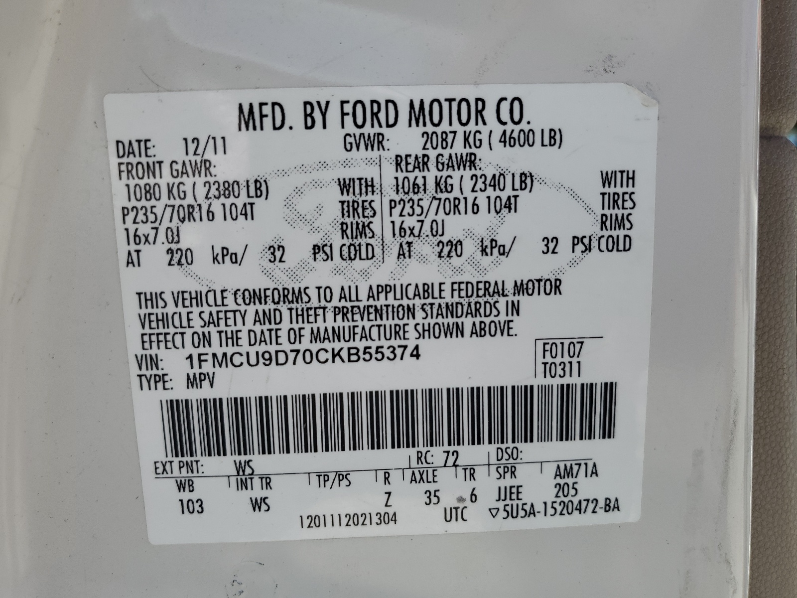 1FMCU9D70CKB55374 2012 Ford Escape Xlt