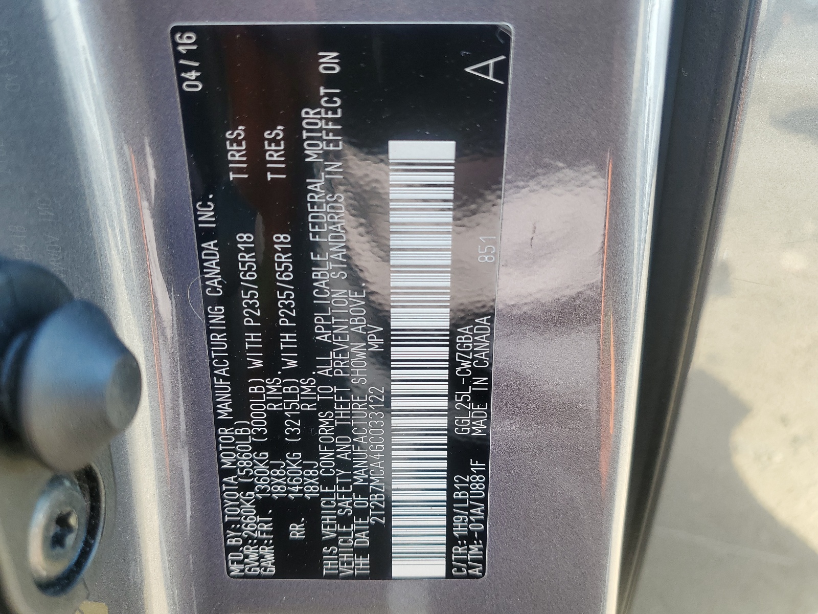 2T2BZMCA4GC033122 2016 Lexus Rx 350 Base