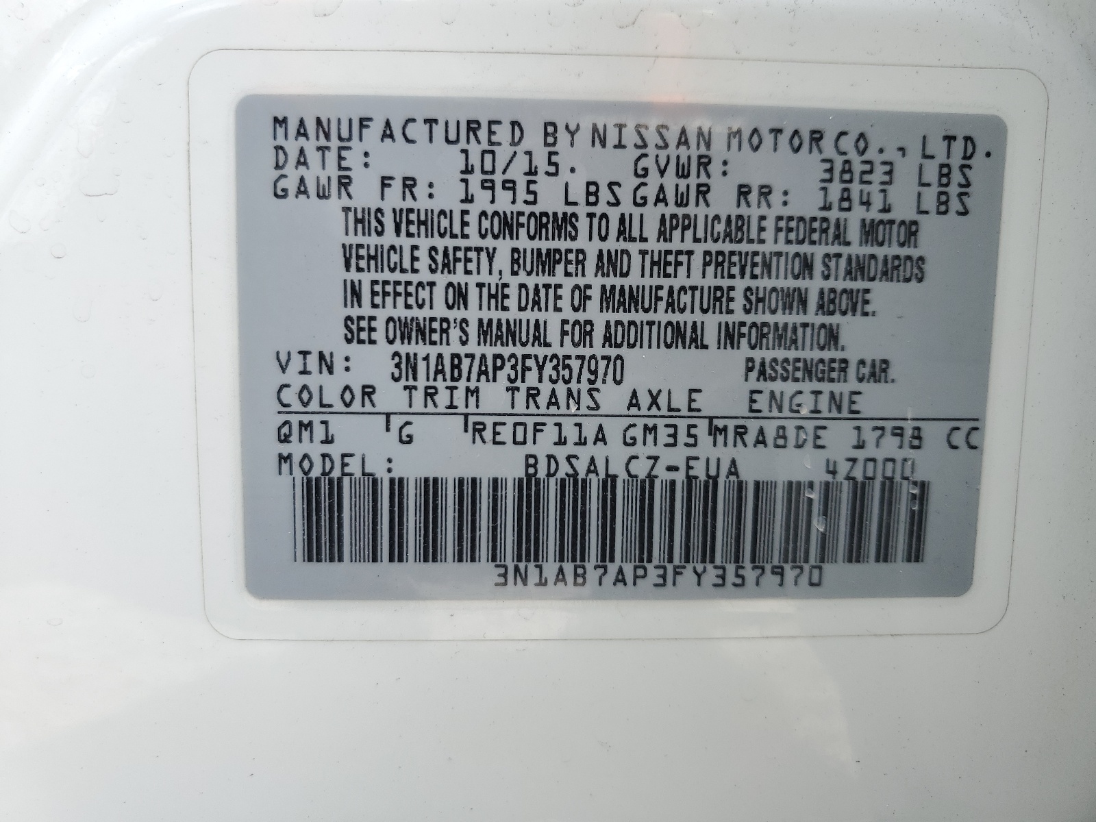 3N1AB7AP3FY357970 2015 Nissan Sentra S