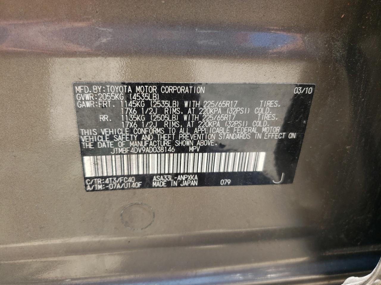 2010 Toyota Rav4 VIN: JTMBF4DV9AD038146 Lot: 60511634