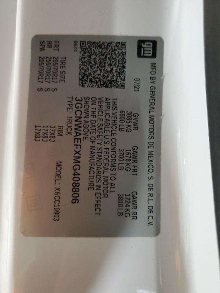 2021 Chevrolet Silverado C1500 VIN: 3GCNWAEFXMG408806 Lot: 58672784