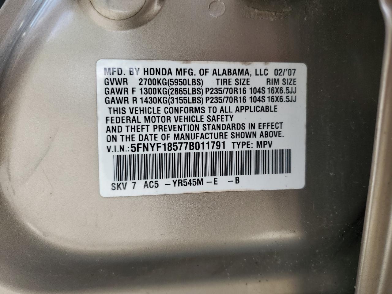 2007 Honda Pilot Exl VIN: 5FNYF18577B011791 Lot: 59300334