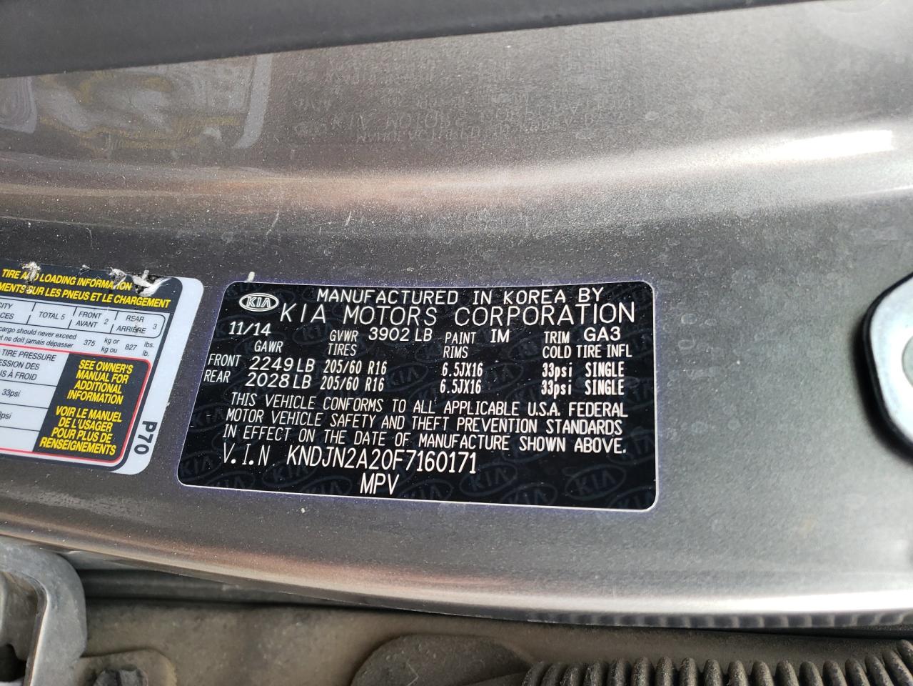 2015 Kia Soul VIN: KNDJN2A20F7160171 Lot: 59706994