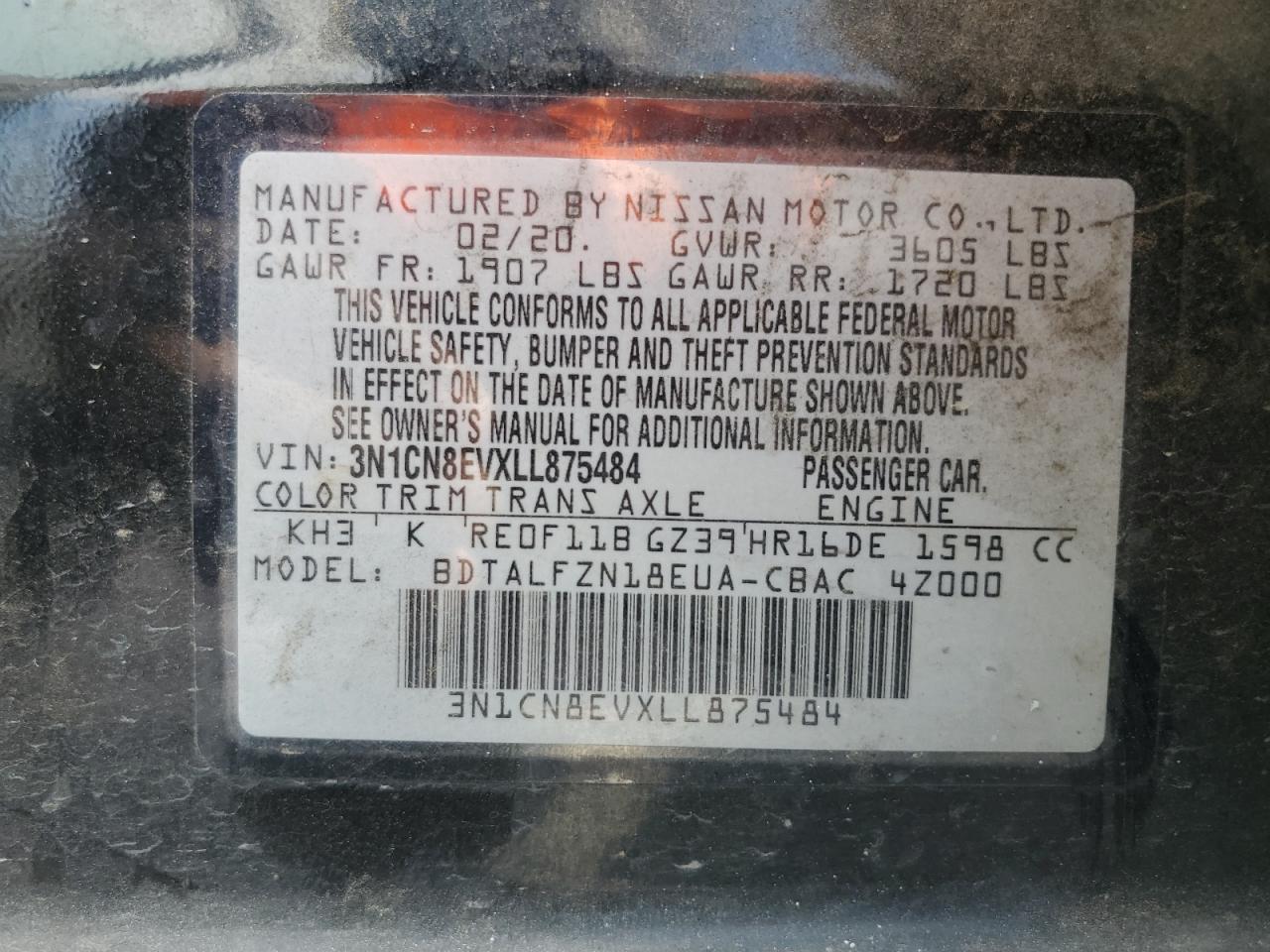 3N1CN8EVXLL875484 2020 Nissan Versa Sv