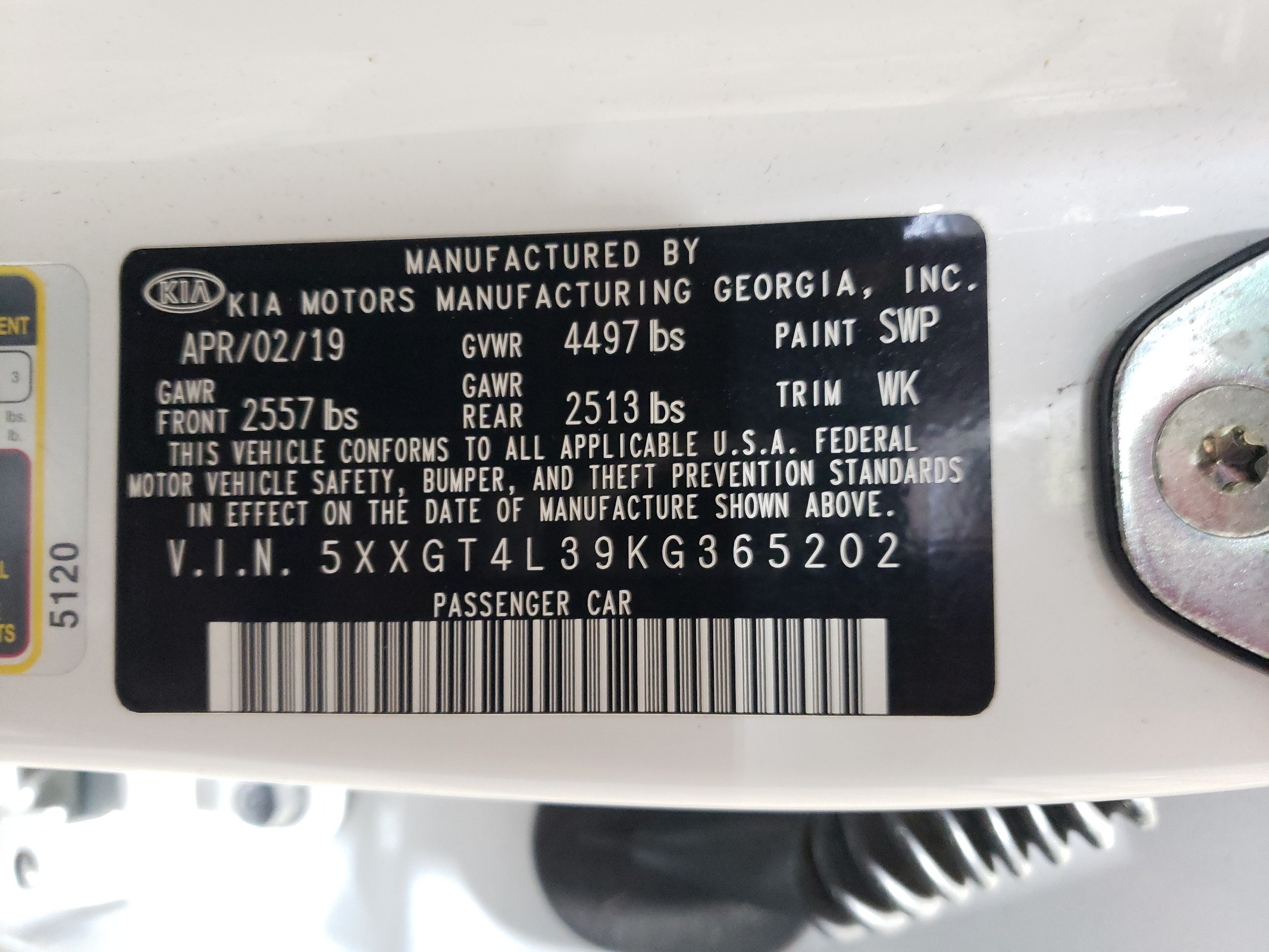 5XXGT4L39KG365202 2019 Kia Optima Lx