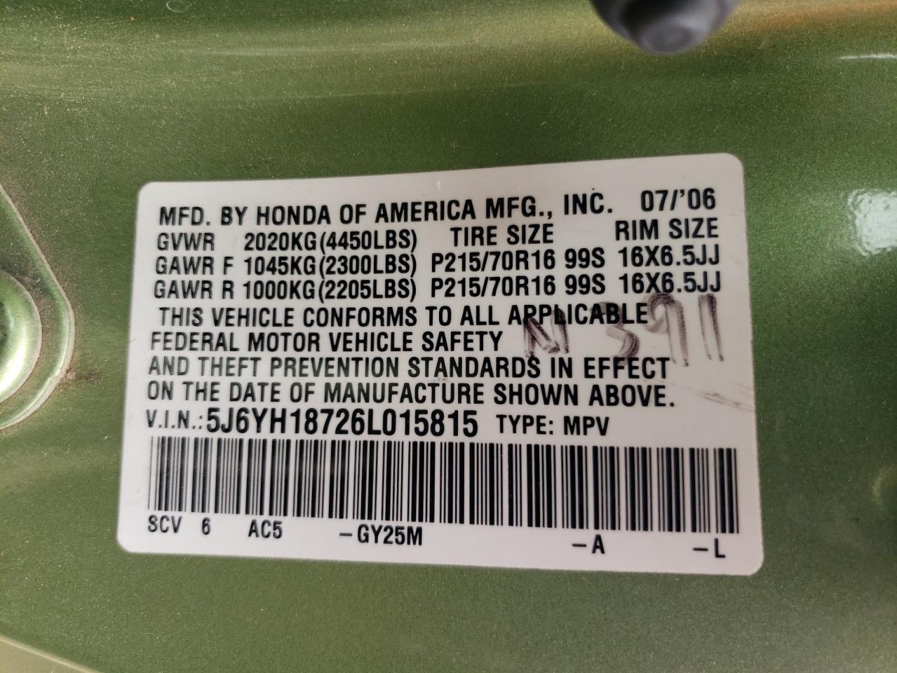 2006 Honda Element Ex VIN: 5J6YH18726L015815 Lot: 60498224