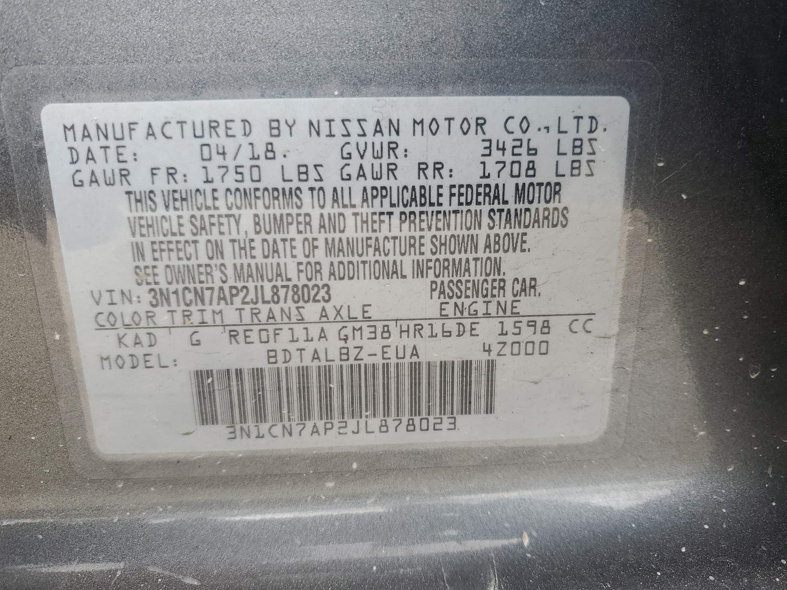 3N1CN7AP2JL878023 2018 Nissan Versa S