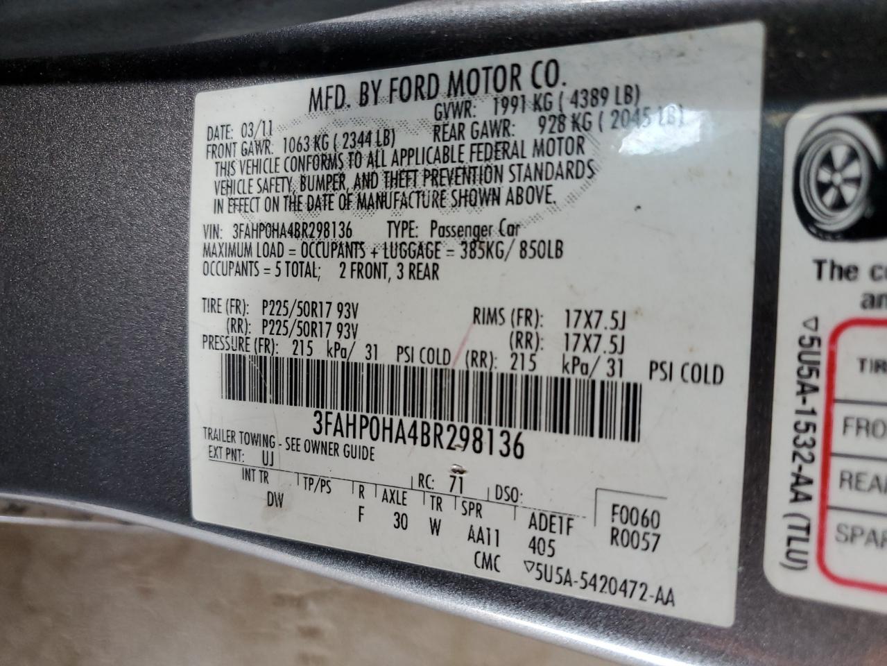 3FAHP0HA4BR298136 2011 Ford Fusion Se