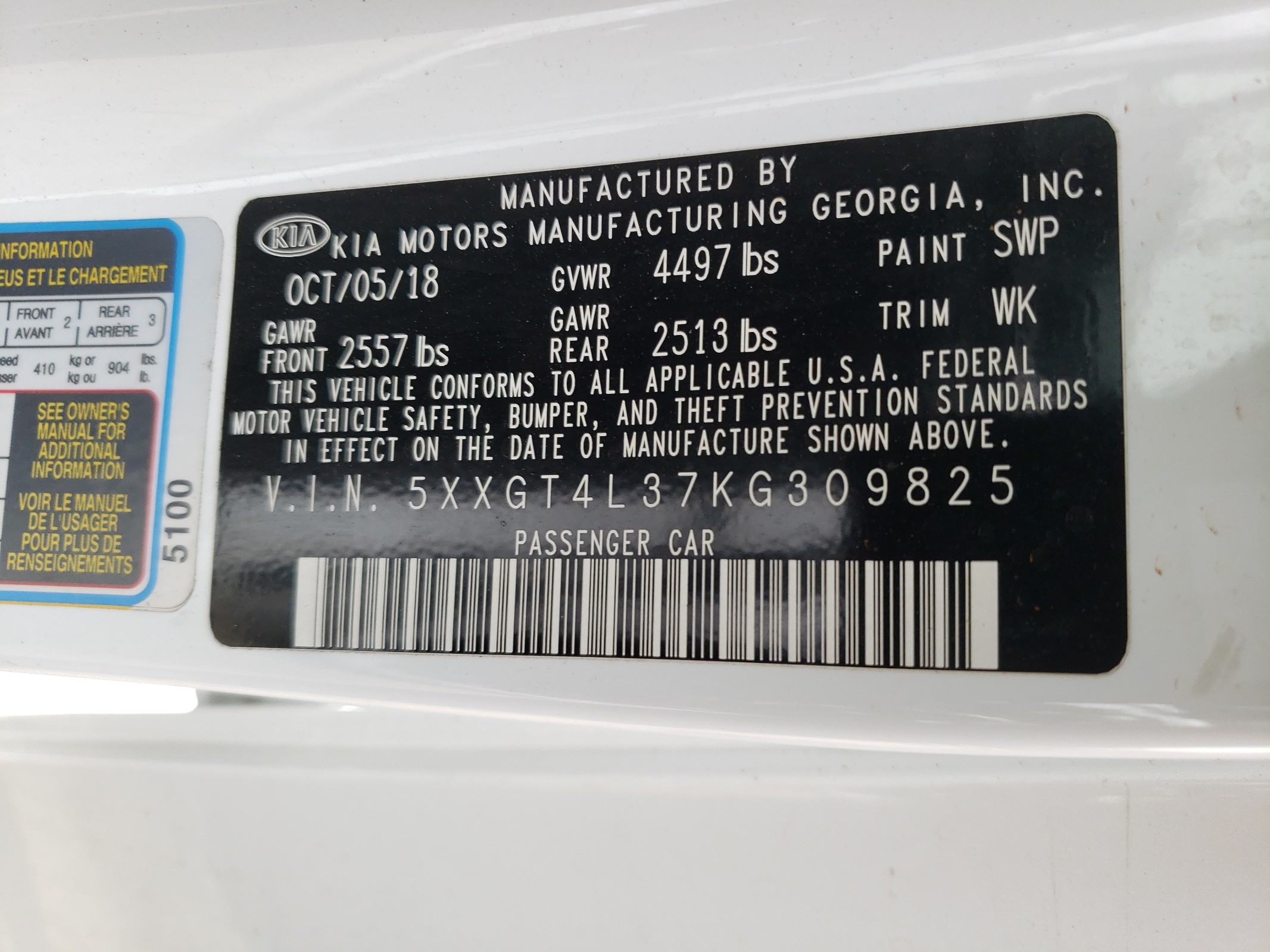 5XXGT4L37KG309825 2019 Kia Optima Lx