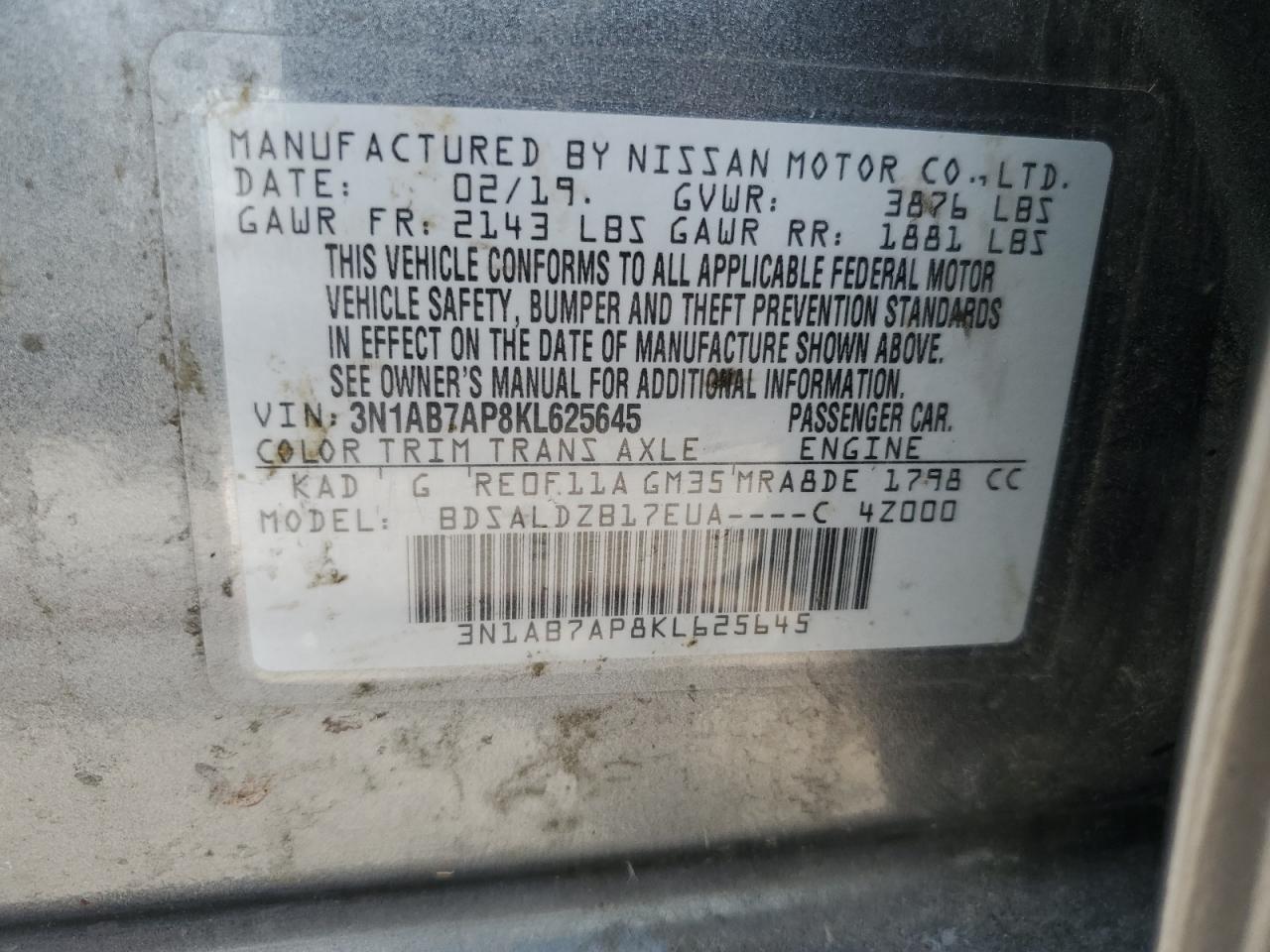 2019 Nissan Sentra S VIN: 3N1AB7AP8KL625645 Lot: 59716084