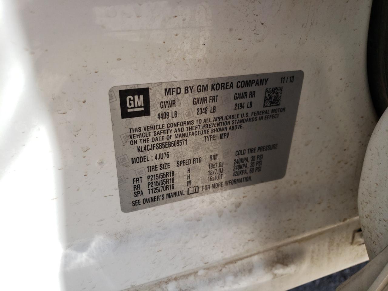 2014 Buick Encore Convenience VIN: KL4CJFSB5EB609571 Lot: 60314564