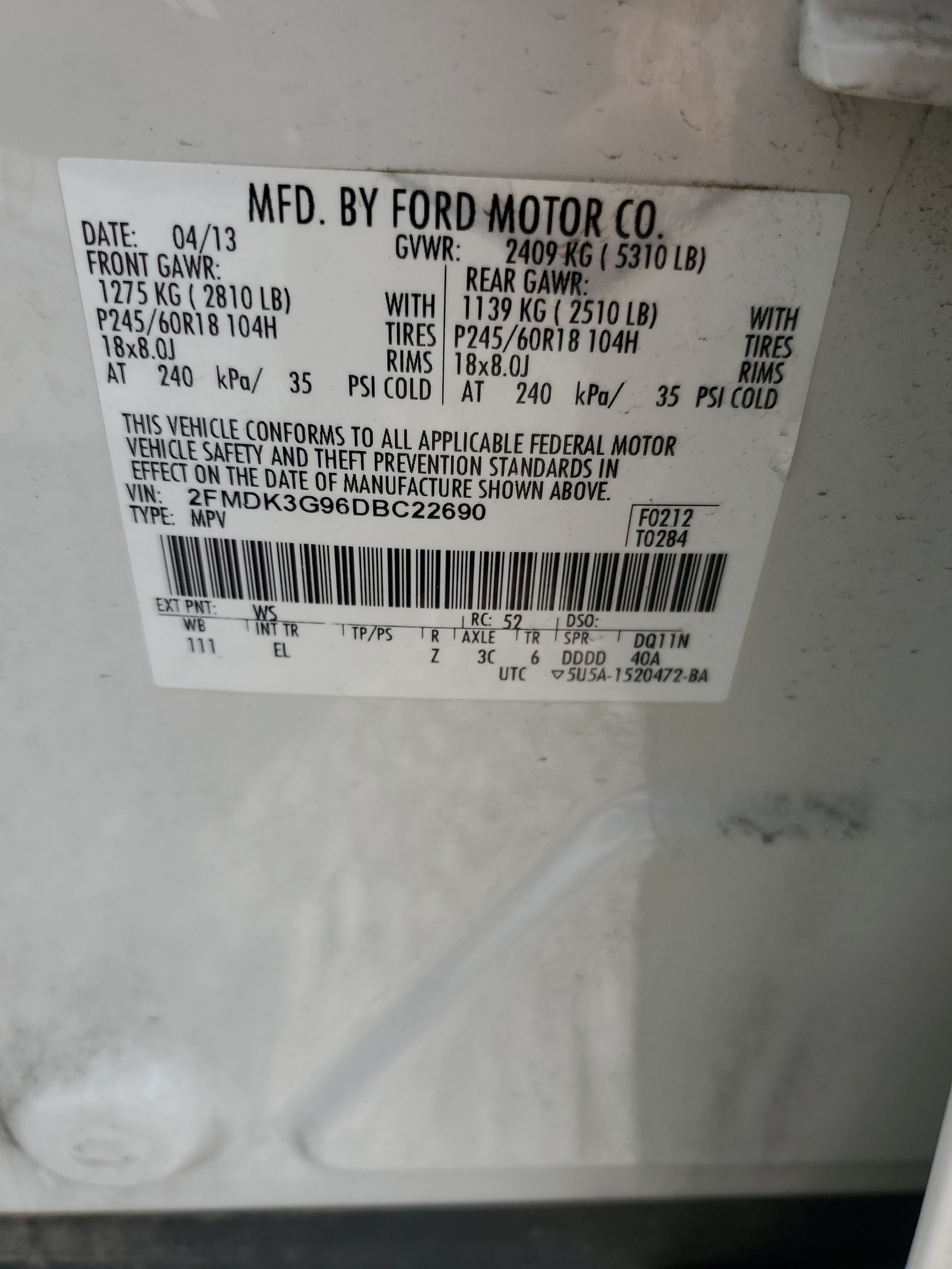 2FMDK3G96DBC22690 2013 Ford Edge Se