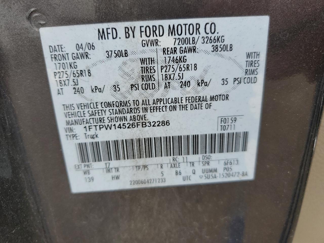 2006 Ford F150 Supercrew VIN: 1FTPW14526FB32286 Lot: 58881644