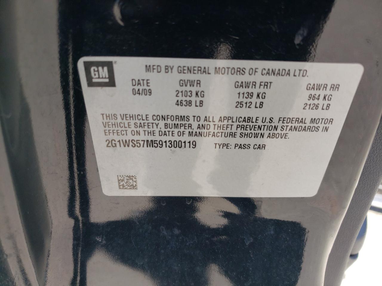 2009 Chevrolet Impala Police VIN: 2G1WS57M591300119 Lot: 58644074