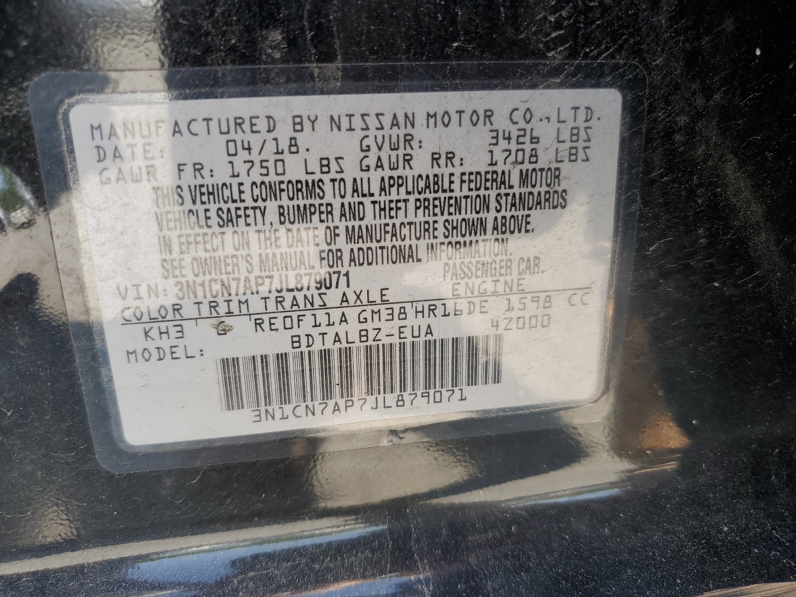3N1CN7AP7JL879071 2018 Nissan Versa S