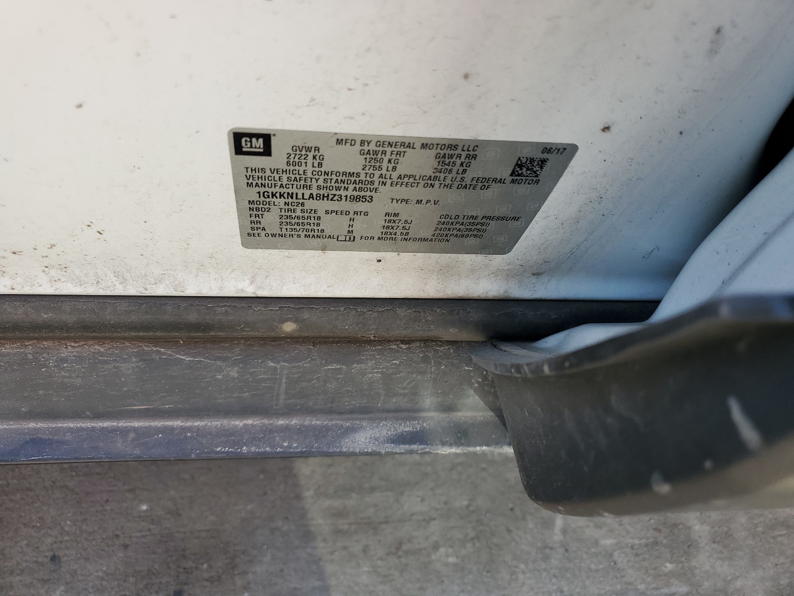 1GKKNLLA8HZ319853 2017 GMC Acadia Sle